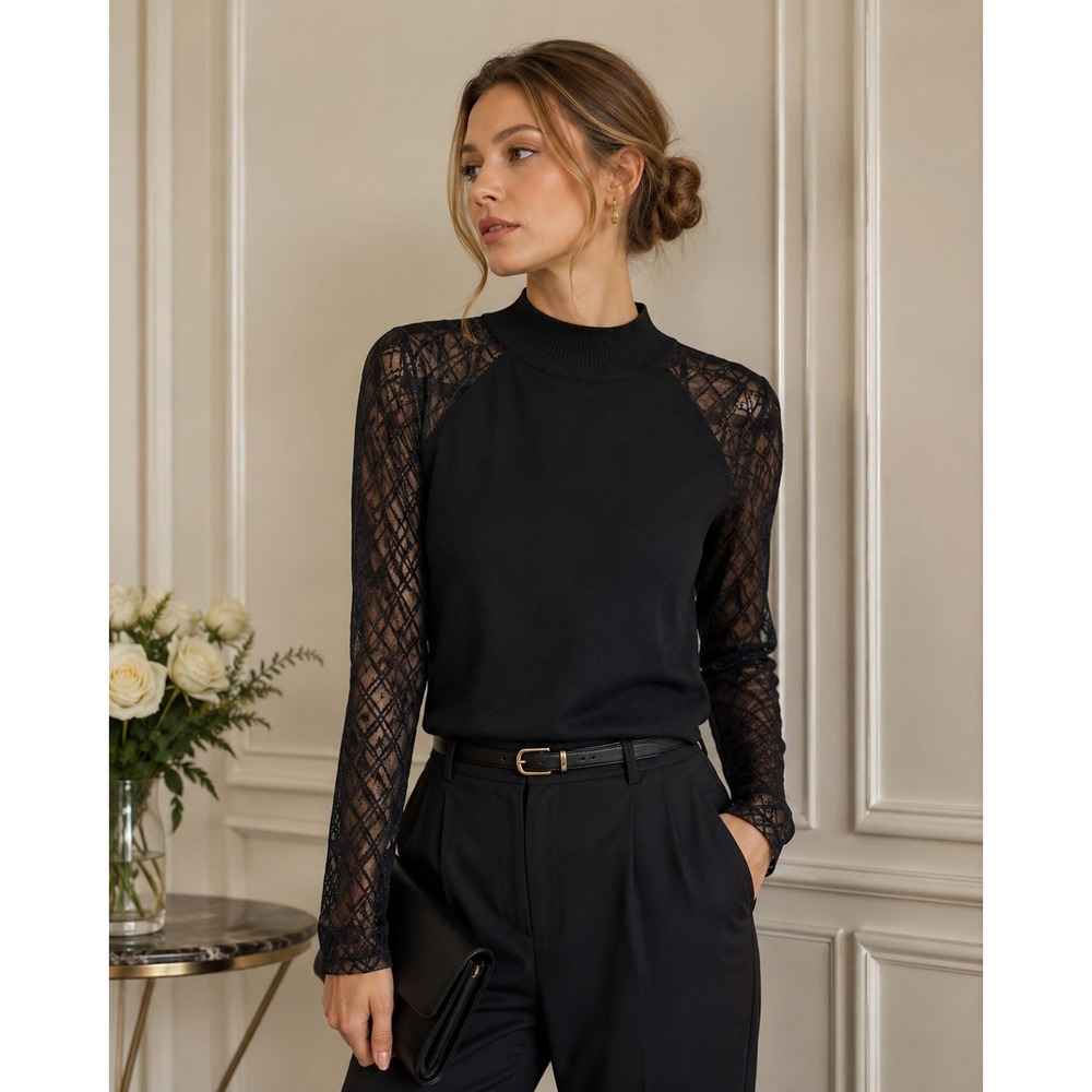 Elegant Venus Black Mock Neck Top Sheer Mesh Diamond Lattice Sleeve Large Noir